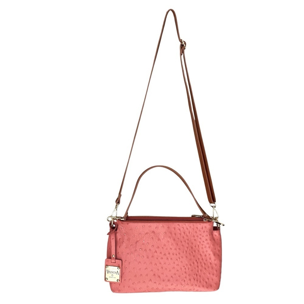 VALENTINA Bag Ostrich Embossed Leather Crossbody Handbag Coral Pink